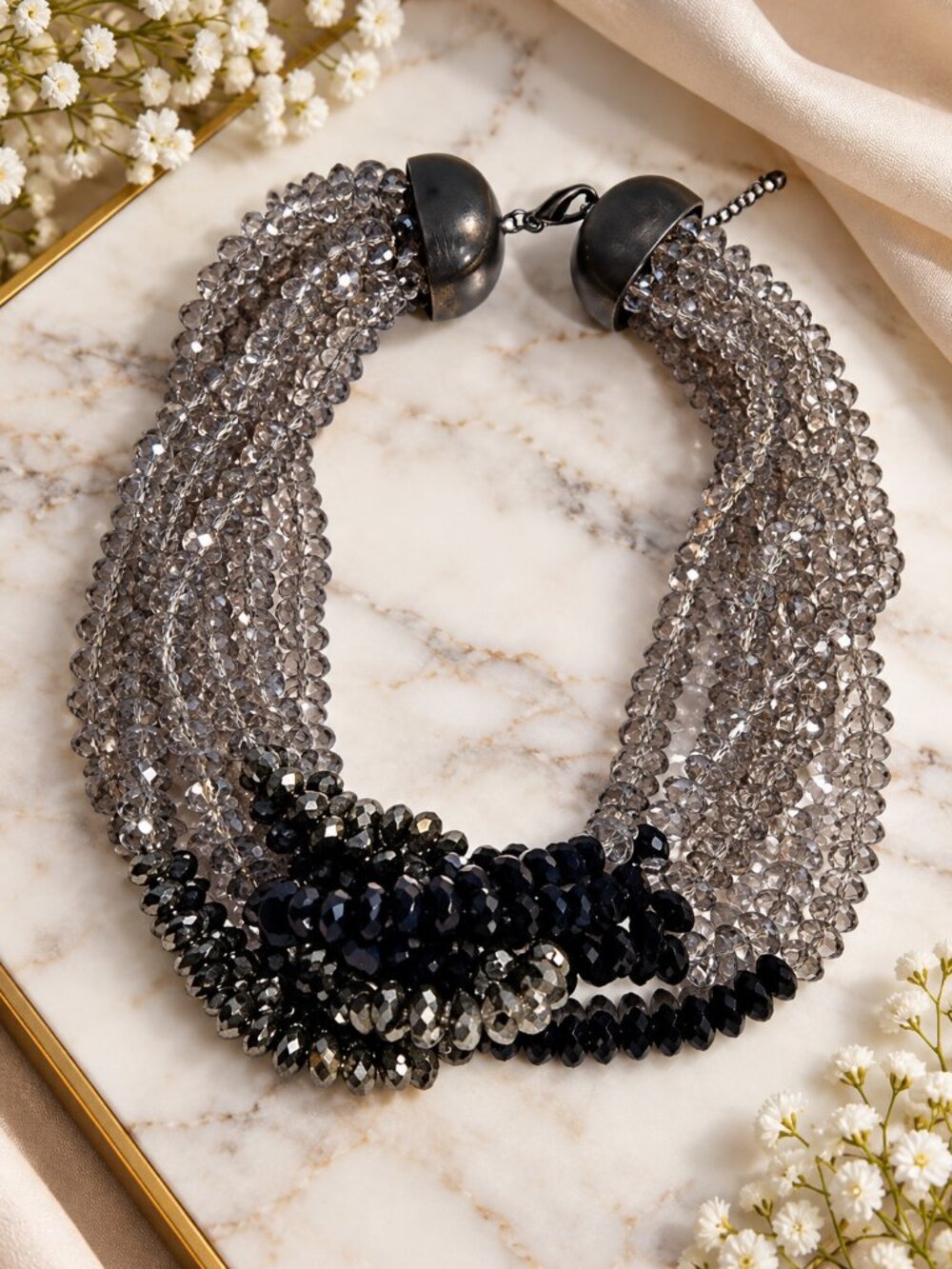 Statement Multi-Strand Faceted Beaded Necklace Black Silver Gray